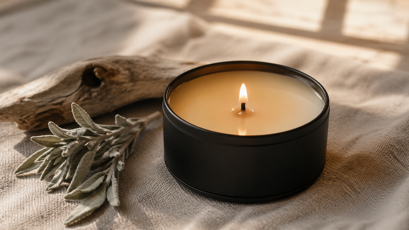 A small-batch soy candle in a matte black metal tin with a  natural hemp wick and a full melt pool reaching the edges,  lit on a linen surface.